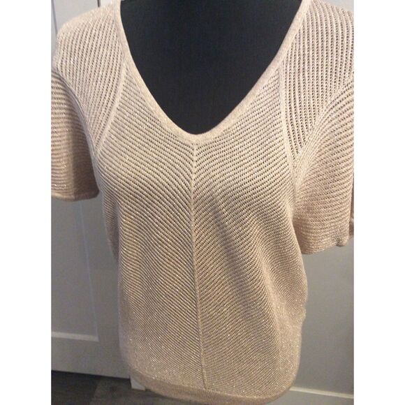 Express Medium M Gold Metallic Short Sleeve Holiday Sweater Career - Picture 5 of 5